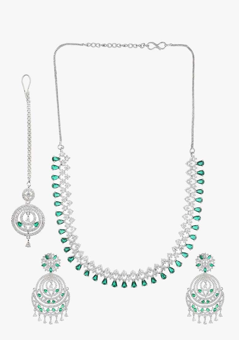 Silver Ad Studded Rhodium Plated Jewellery Set - Indya
