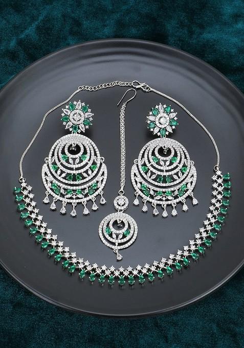 Silver Ad Studded Rhodium Plated Jewellery Set