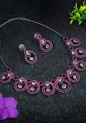 Silver Stone Studded And Beaded Silver Plated  Jewellery Set