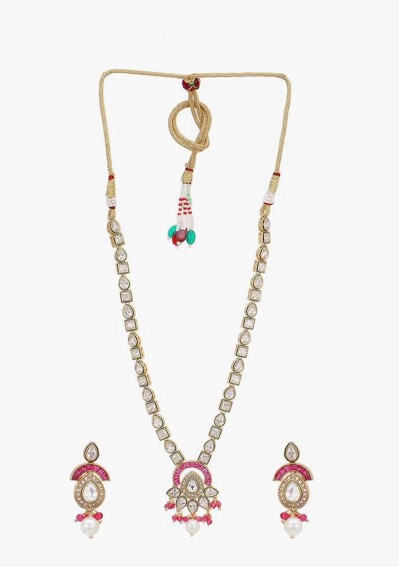Gold Stone Studded And Beaded Gold Plated Jewellery Set