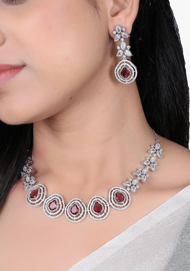 Silver Stone Studded  Rhodium Plated Jewellery Set