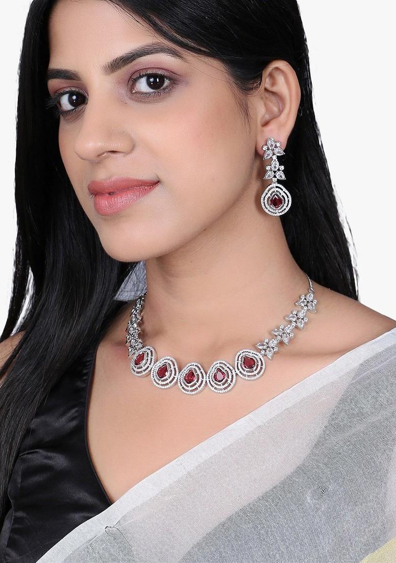 Silver Stone Studded  Rhodium Plated Jewellery Set
