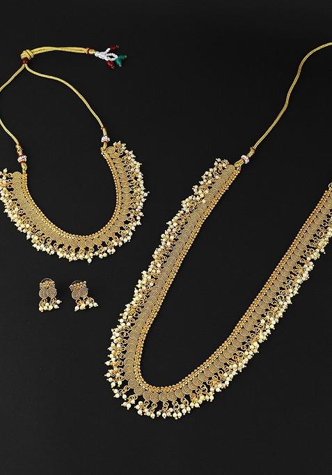 Gold Beaded Gold Plated Jewellery Set (Set Of 2)
