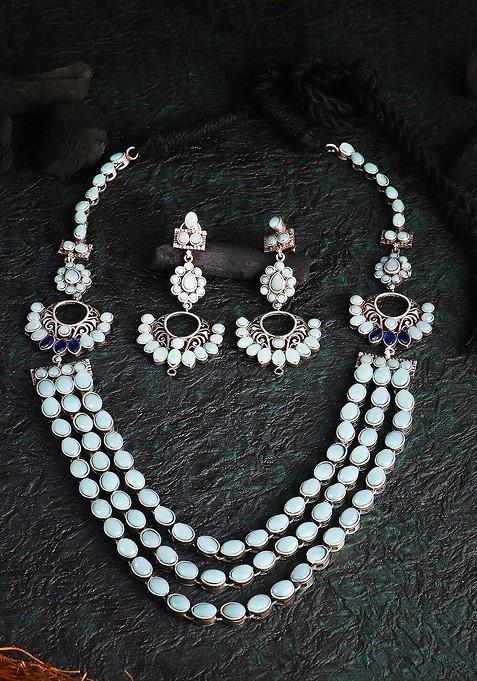 Silver Stone Studded And Beaded Silver Plated  Jewellery Set