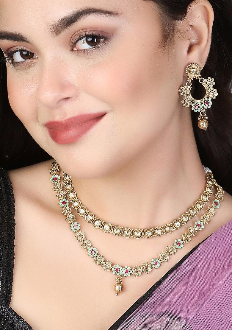 Gold Stone Studded  Gold Plated Jewellery Set