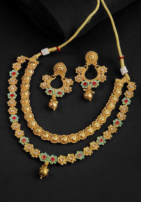 Gold Stone Studded  Gold Plated Jewellery Set