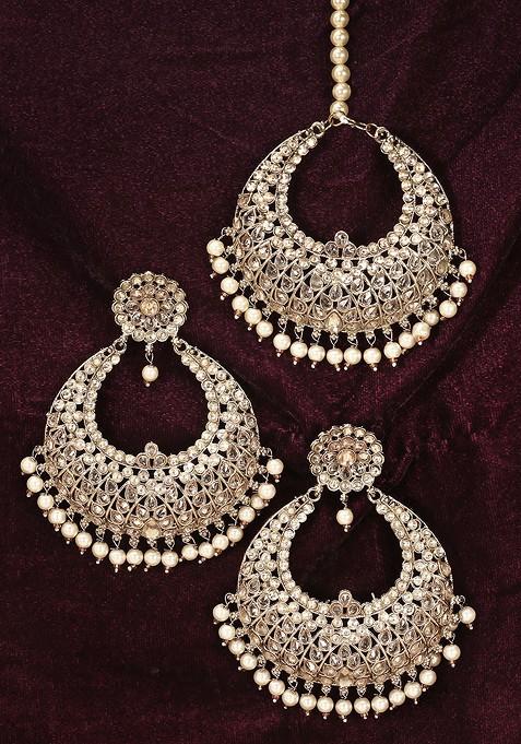Gold Stone Studded And Beaded Gold Plated Jewellery Set