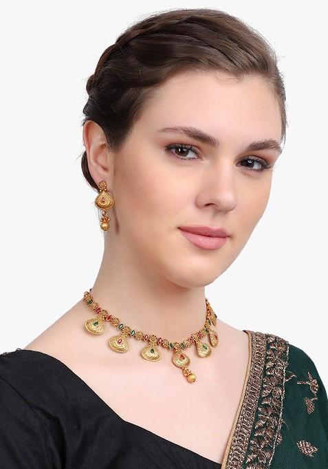 Gold Stone Studded And Beaded Gold Plated Jewellery Set