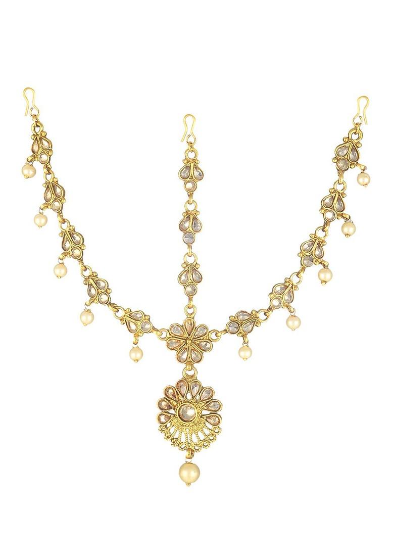 Gold Stone Studded And Beaded Gold Plated Jewellery Set