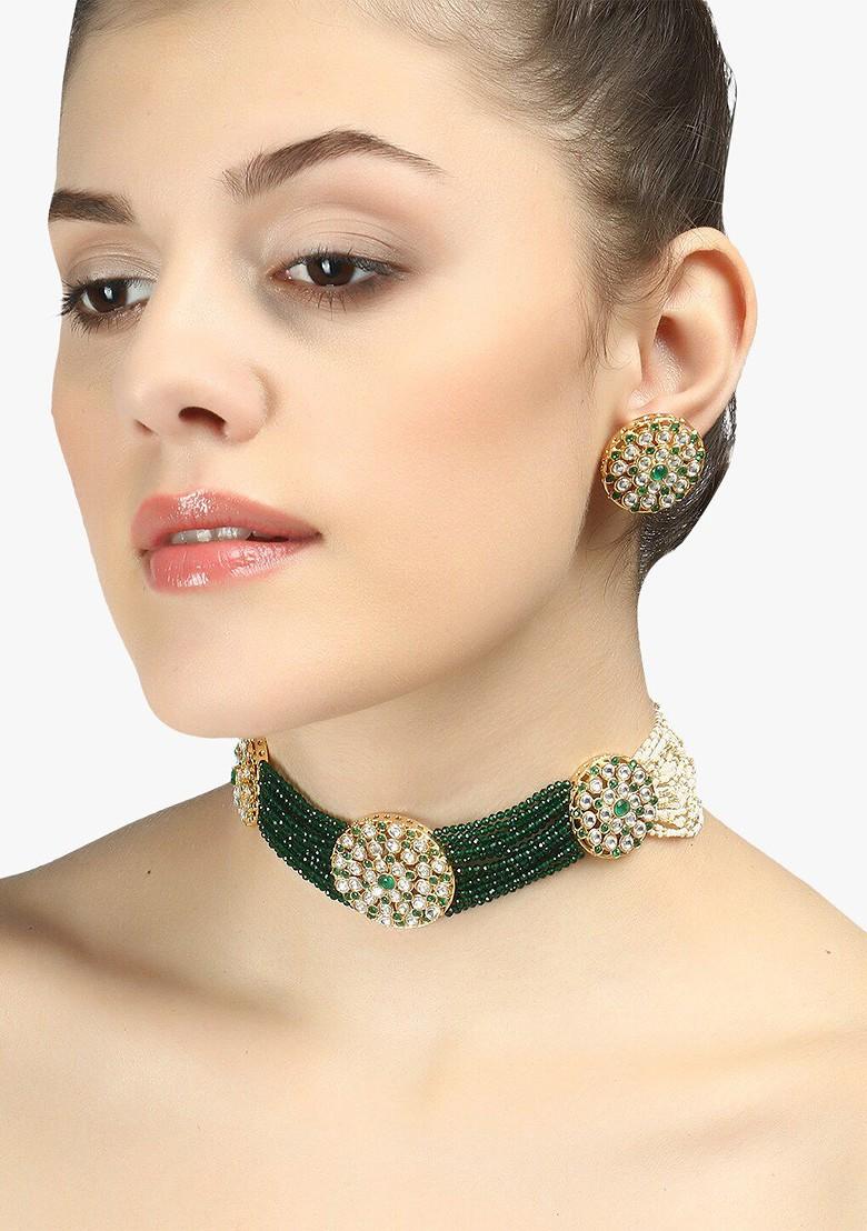 Gold Stone Studded And Beaded Gold Plated Jewellery Set