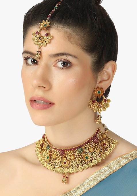 Gold Stone Studded And Beaded Gold Plated Jewellery Set