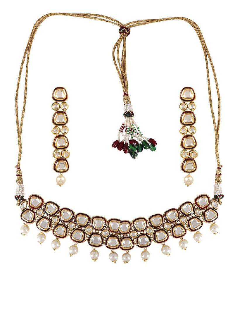 Gold Studded  And Beaded  Gold Plated Jewellery Set