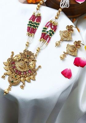 Gold Stone Studded And Beaded Gold Plated Jewellery Set
