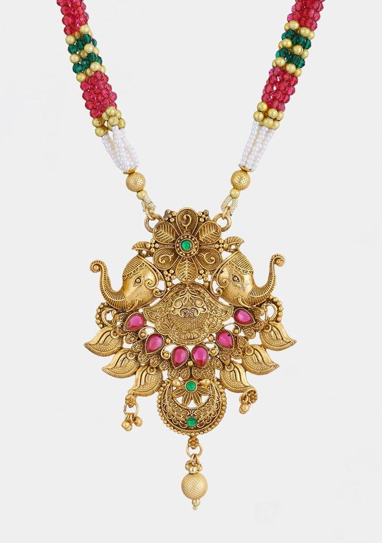 Gold Stone Studded And Beaded Gold Plated Jewellery Set