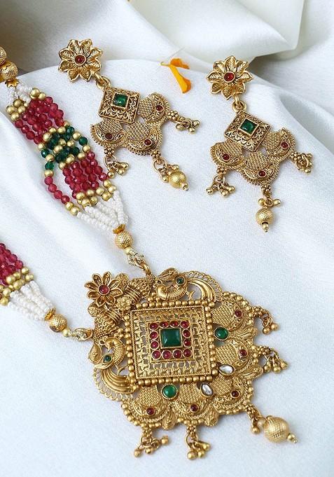 Gold Stone Studded And Beaded Gold Plated Jewellery Set