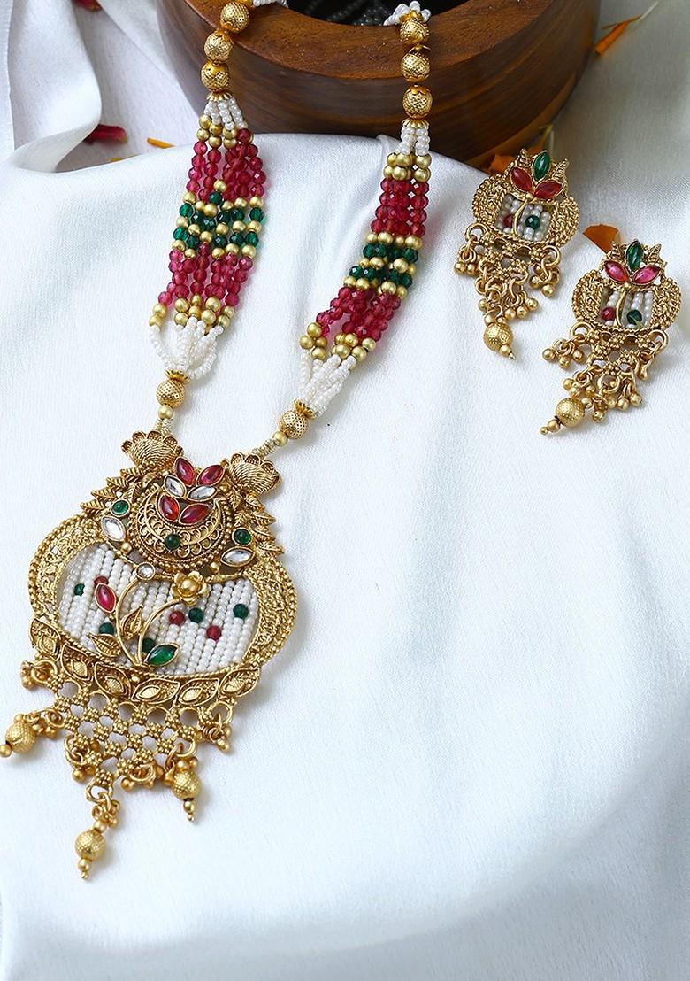 Gold Stone Studded And Beaded Gold Plated Jewellery Set