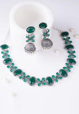 Silver Stone Studded And Beaded Silver Plated  Jewellery Set