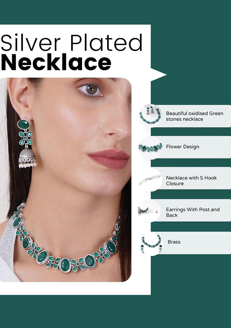 Silver Stone Studded And Beaded Silver Plated  Jewellery Set