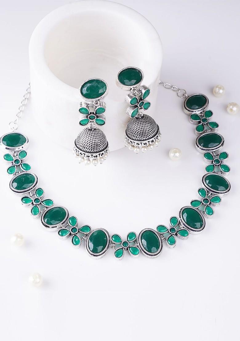 Silver Stone Studded And Beaded Silver Plated  Jewellery Set