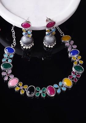 Silver Stone Studded And Beaded Silver Plated  Jewellery Set