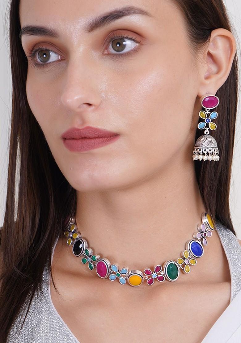 Silver Stone Studded And Beaded Silver Plated  Jewellery Set