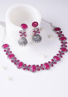 Silver Stone Studded And Beaded Silver Plated  Jewellery Set