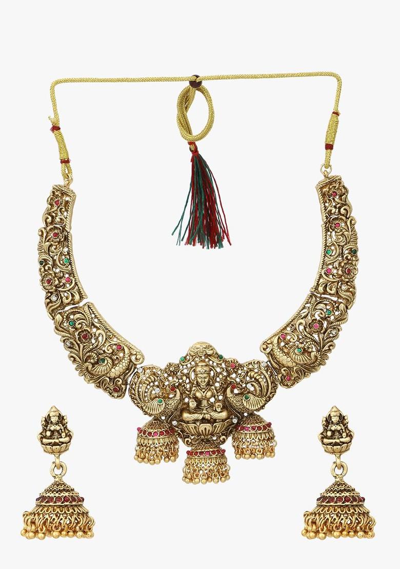 Gold Stone Studded And Beaded Gold Plated Jewellery Set