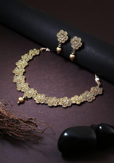 Gold Floral Stud Gold Plated Jewellery Set
