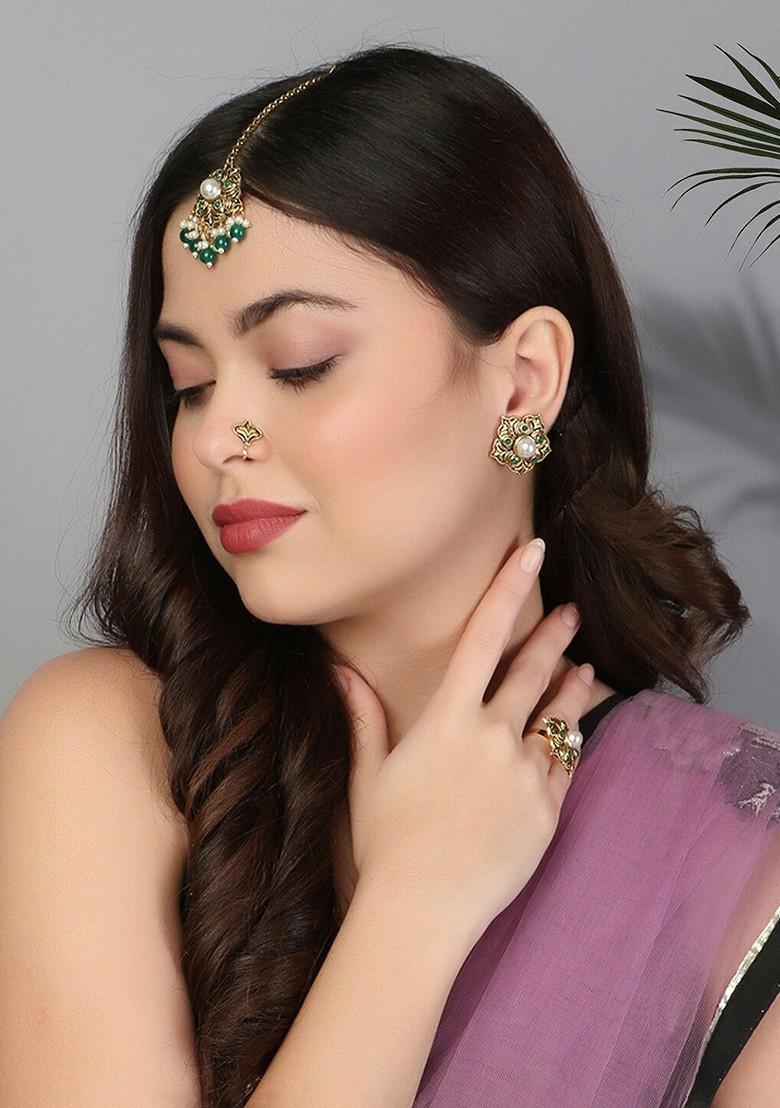 White Stone Studded And Beaded Gold Plated Jewellery Set