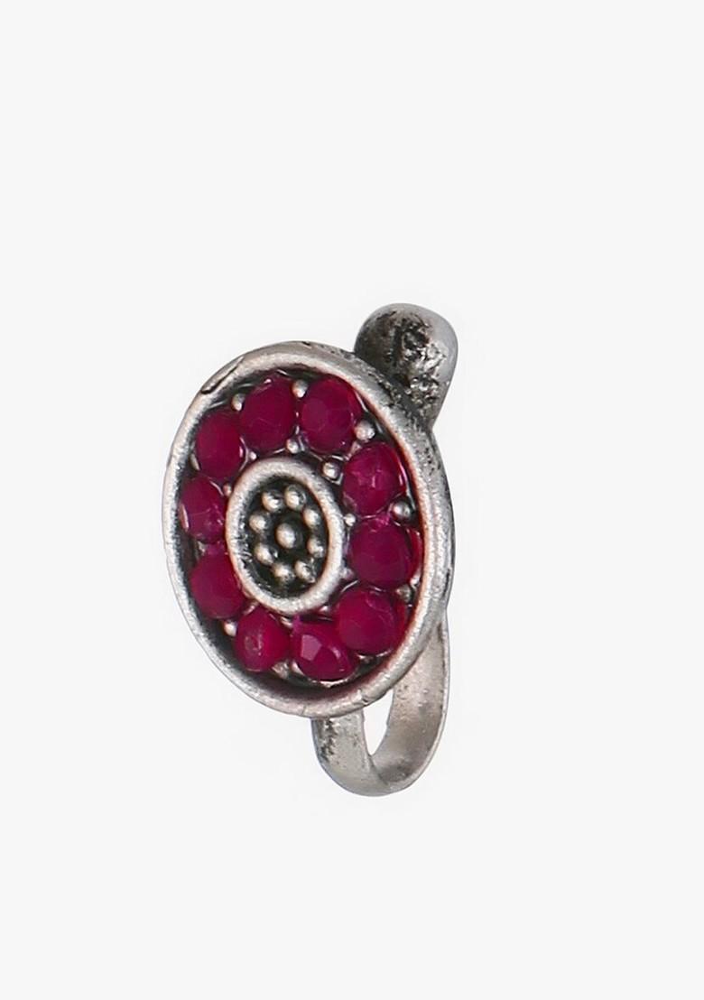 Pink Stone Studded And Beaded Silver Plated  Jewellery Set