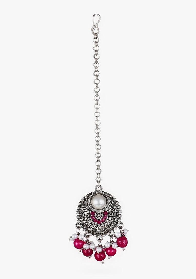 Pink Stone Studded And Beaded Silver Plated  Jewellery Set