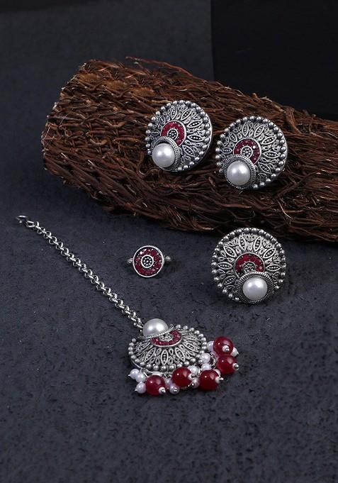 Pink Stone Studded And Beaded Silver Plated  Jewellery Set