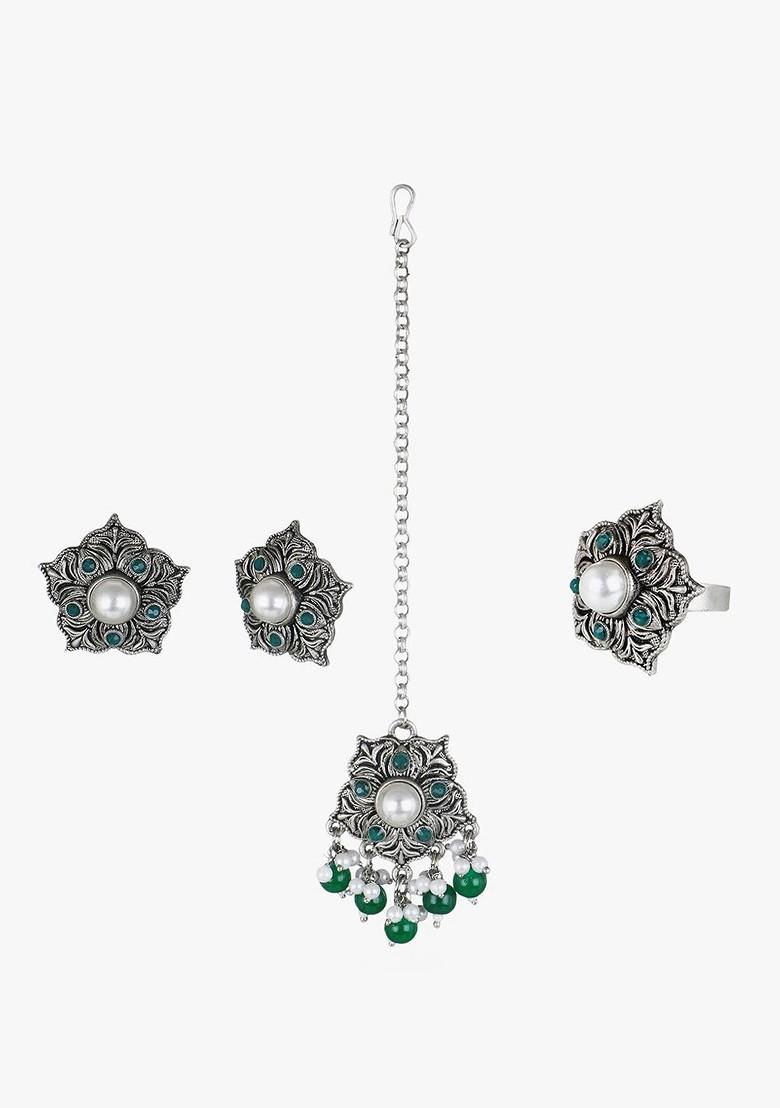 Green Plain Silver Plated  Jewellery Set