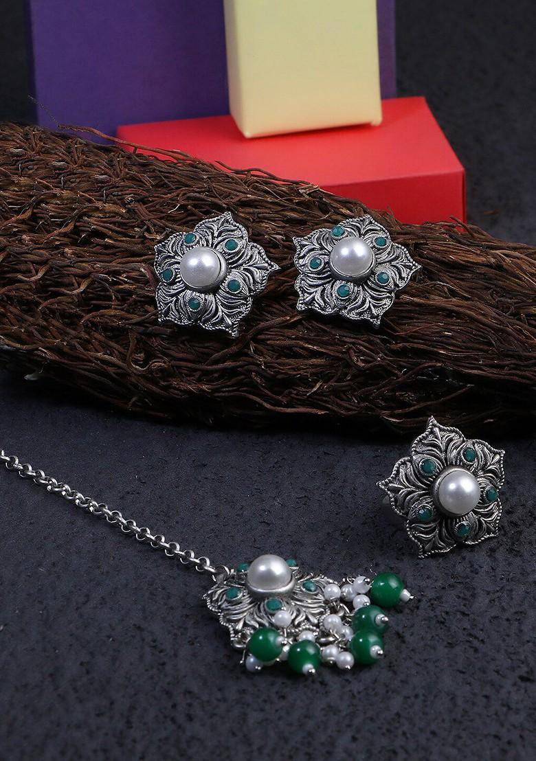 Green Plain Silver Plated  Jewellery Set