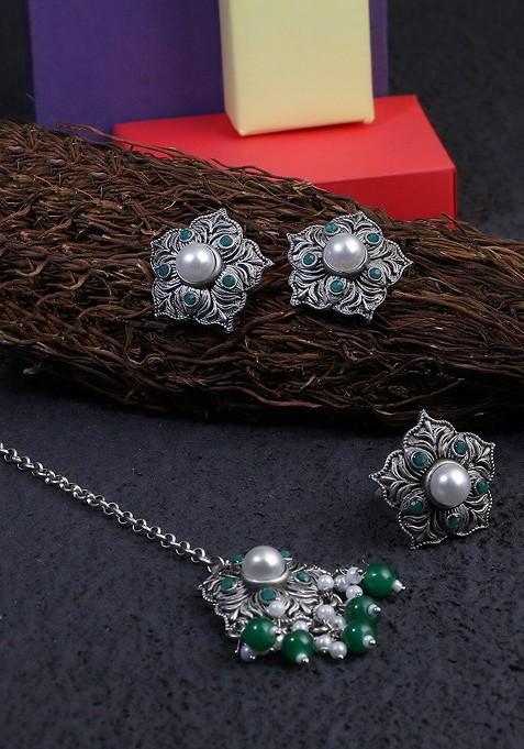 Green Plain Silver Plated  Jewellery Set