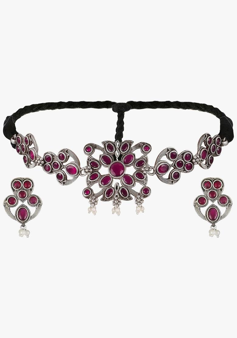 Silver  Stones Studded  Silver Plated  Jewellery Set