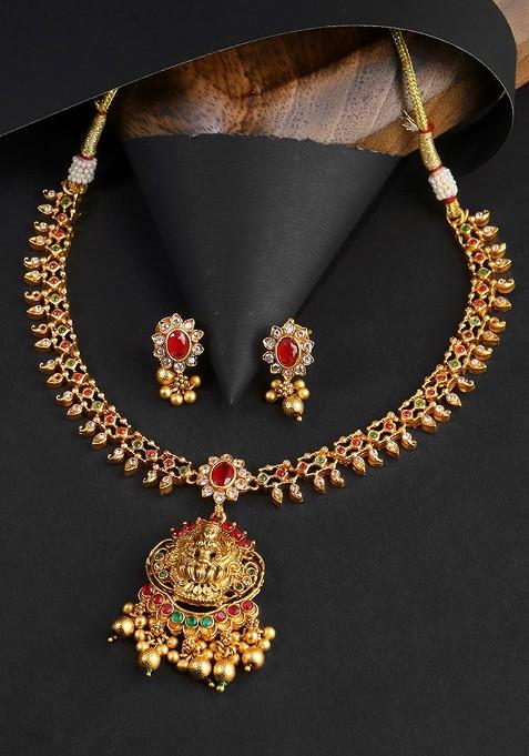 Gold Stone Studded And Beaded Gold Plated Jewellery Set