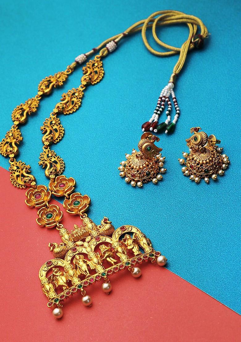 Gold Stone Studded And Beaded Gold Plated Jewellery Set
