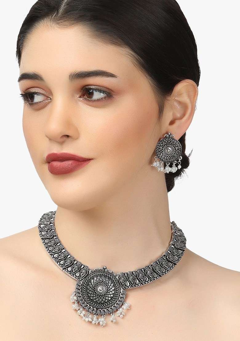 Silver Pearl Beaded Silver Plated  Jewellery Set - Indya