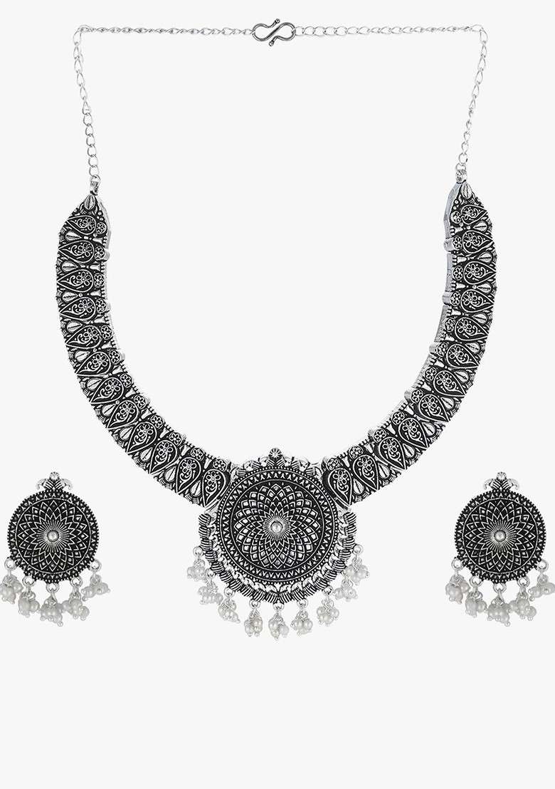 Silver Pearl Beaded Silver Plated  Jewellery Set - Indya