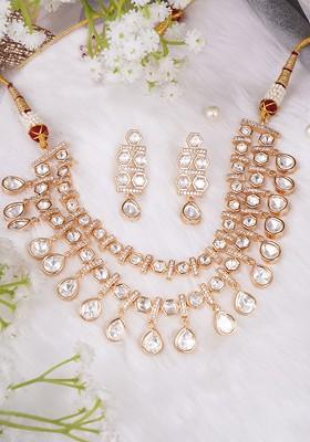 Rose Gold Studded  And Beaded  Gold Plated Jewellery Set
