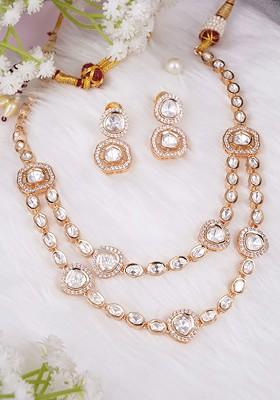 Rose Gold Studded  And Beaded  Gold Plated Jewellery Set