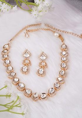Gold Studded  And Beaded  Gold Plated Jewellery Set