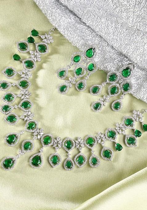 Silver Cz Studded Rhodium Plated Jewellery Set