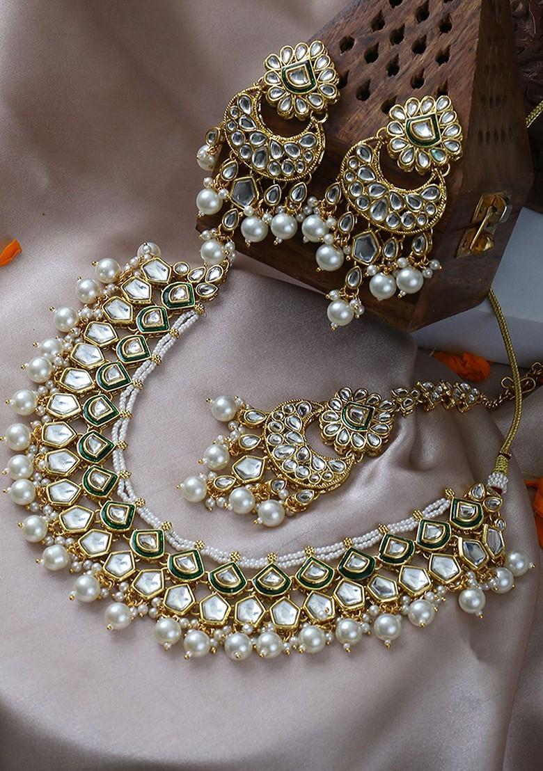 Gold Studded  And Beaded  Gold Plated Jewellery Set