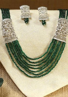 Silver Stone Studded And Beaded Rhodium Plated Jewellery Set