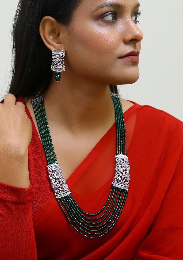 Silver Stone Studded And Beaded Rhodium Plated Jewellery Set