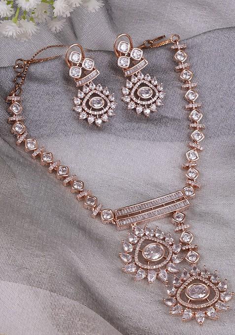 Rose Gold Studded  And Beaded  Gold Plated Jewellery Set