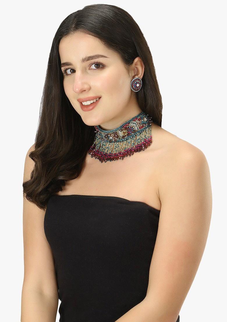 Multi  Stones Studded  Fabric Jewellery Set