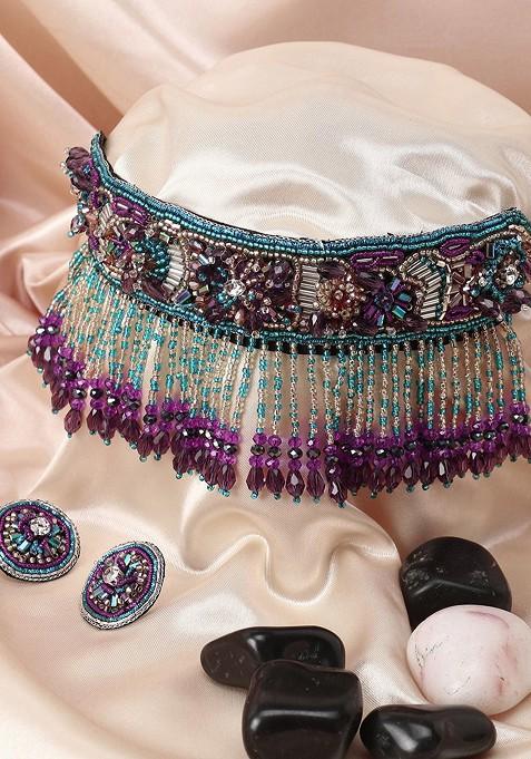 Multi  Stones Studded  Fabric Jewellery Set